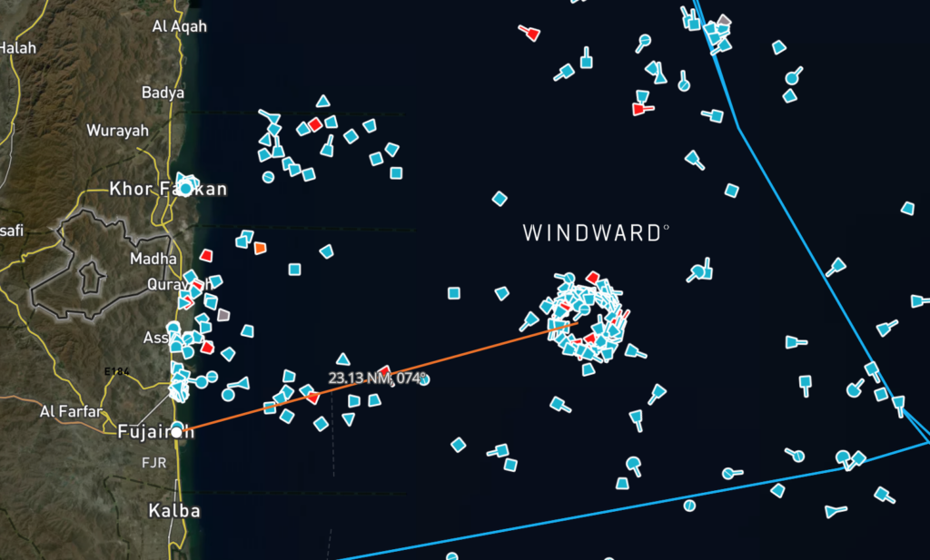 GPS jamming zone off of Fujairah. Source: Windward Maritime AI™ Platform.