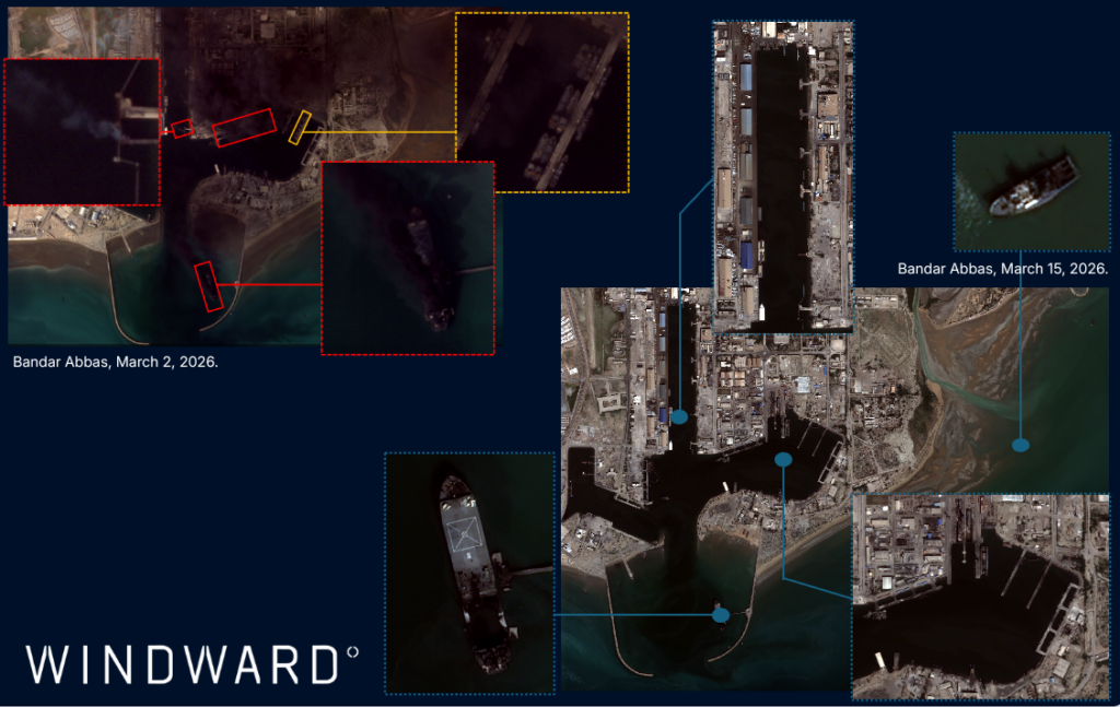 Satellite imagery of Bandar Abbas on March 2 and March 15, 2026. Source: Windward Remote Sensing Intelligence.