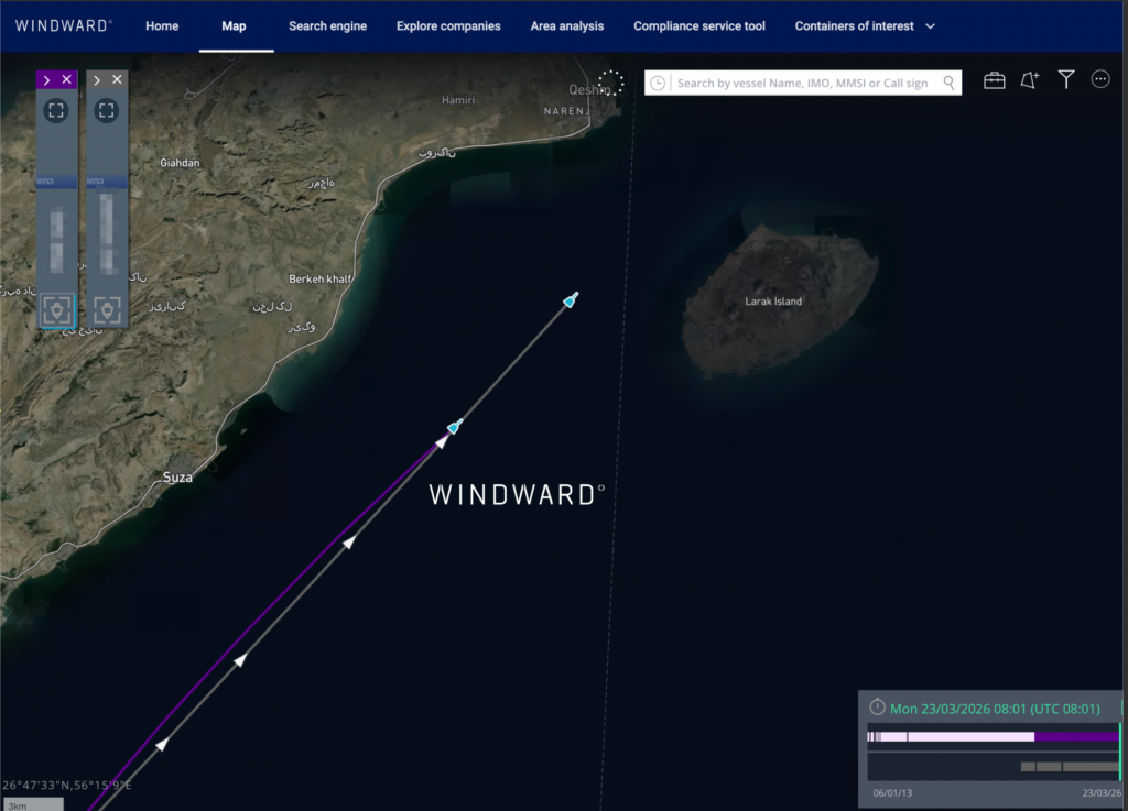Two LPG carriers transit the IRGC-controlled corridor through the Strait of Hormuz, March 23, 2026. Source: Windward Maritime AI™ Platform.