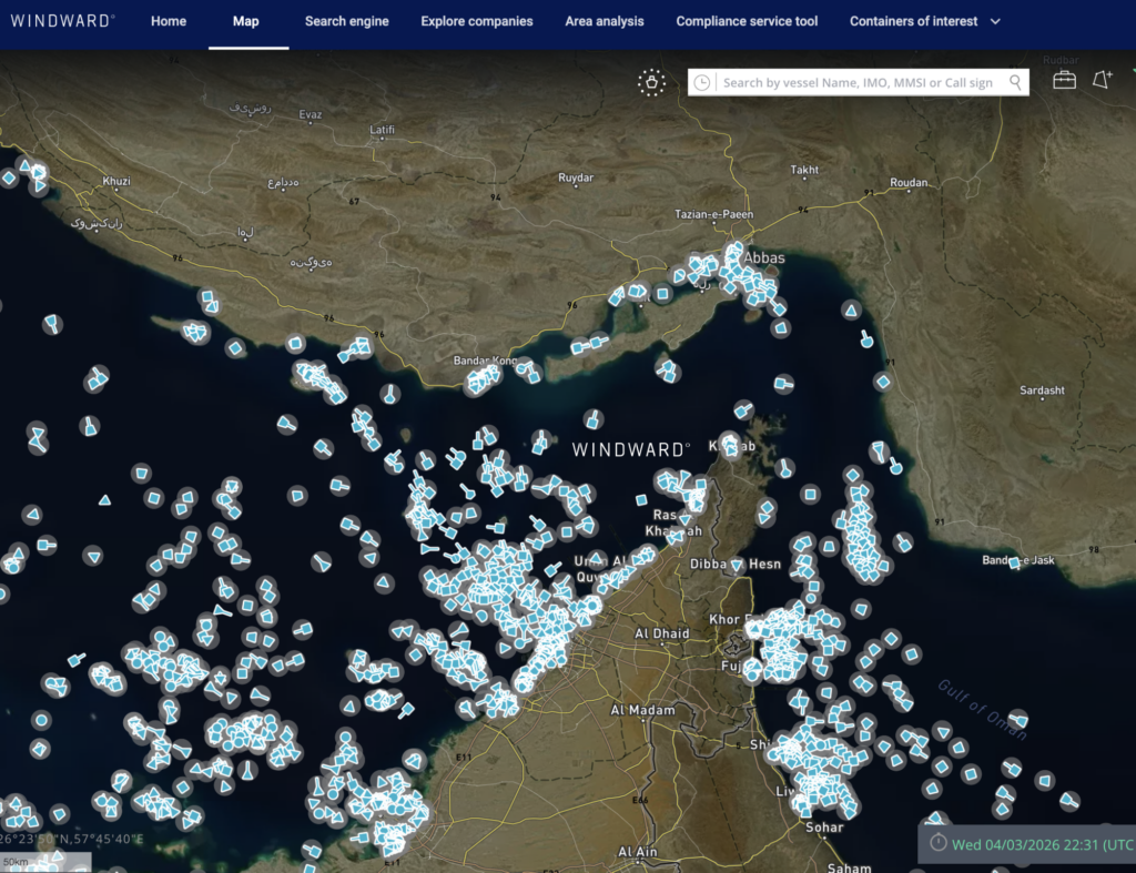 Traffic through the Strait has effectively stalled. Source: Windward Maritime AI™ Platform.