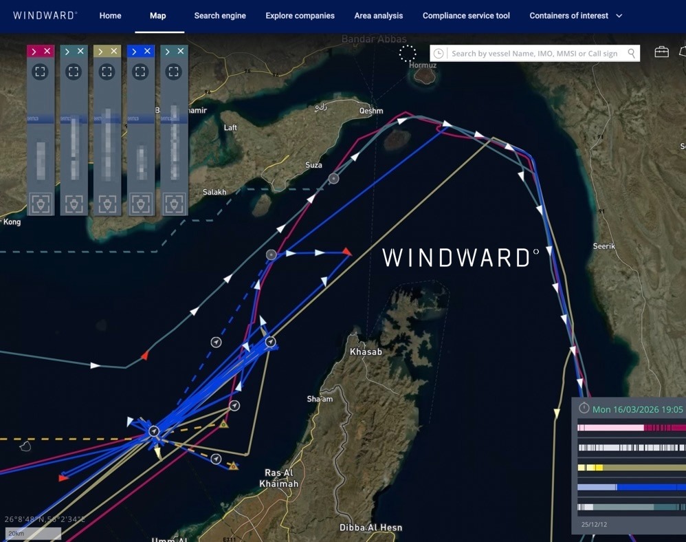 Five ships sailing along Iran’s coastline to exit the Strait of Hormuz. Source: Windward Maritime AI™ Platform.