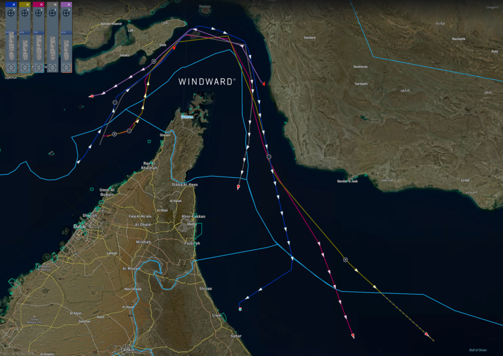 AIS transmitting vessels transiting Hormuz, March 23, 2026. Source: Windward Maritime AI™ Platform.