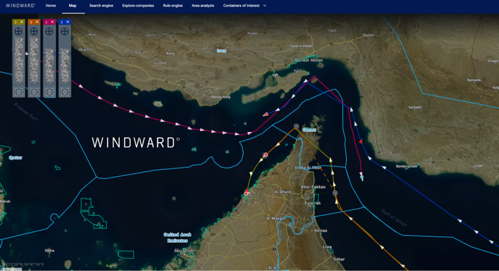 AIS-transmitting vessels transiting the Strait of Hormuz, March 24, 2026. Source: Windward Maritime AI™ Platform.