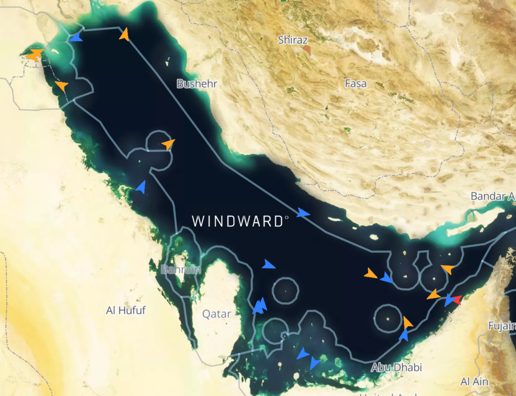22 bulk carriers on the East Africa lane, currently in the Gulf. Source: Windward Maritime AI™ Platform.