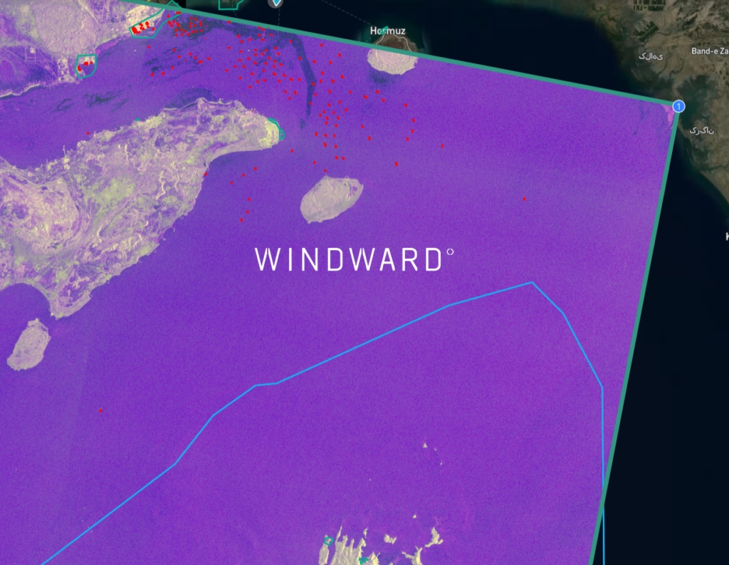 SAR imagery of the Strait of Hormuz, March 24, 2026. Source: Windward Remote Sensing Intelligence.