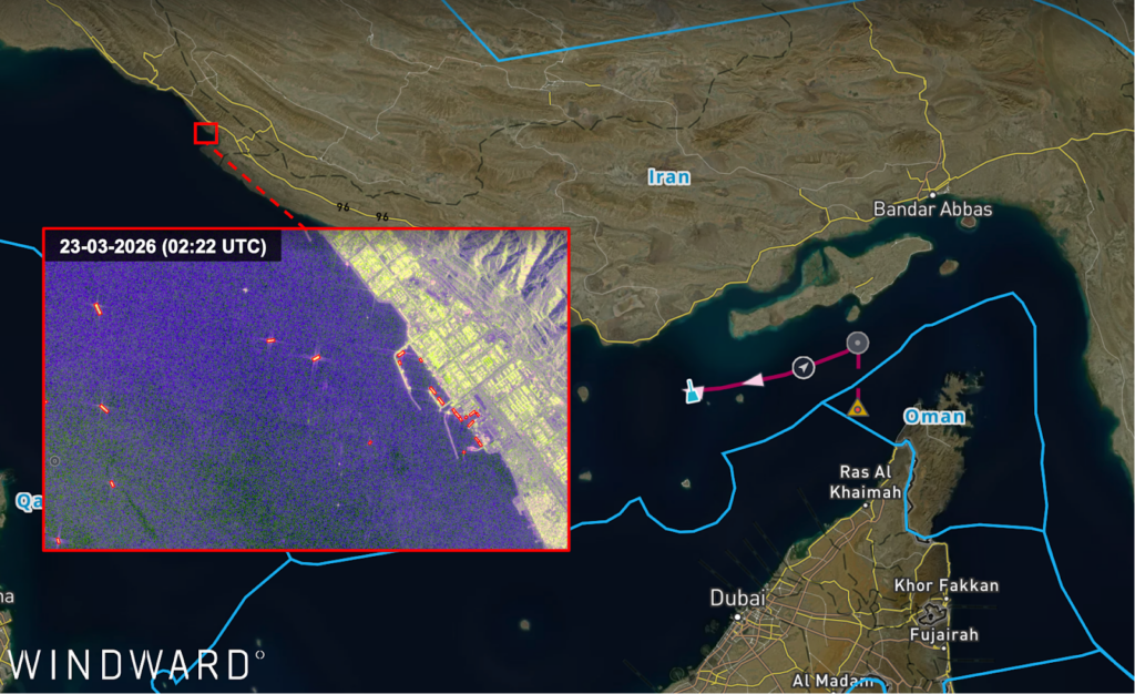 The sanctioned tanker’s vessel path, and SAR imagery of the seven vessels in the Assalueh area. Source: Windward Remote Sensing Intelligence.