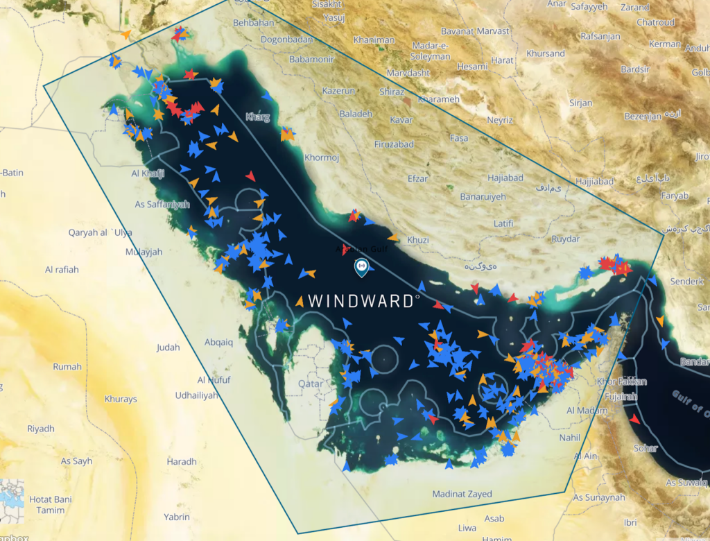 AIS-transmitting vessels’ recent positions in the Arabian Gulf. Source: Windward Maritime AI™ Platform.