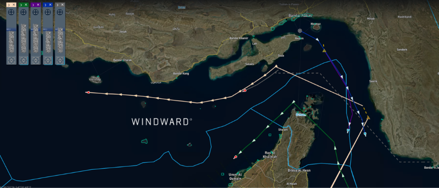 AIS transmitting vessels transiting the Strait of Hormuz, March 25, 2026. Source: Windward Maritime AI™ Platform.
