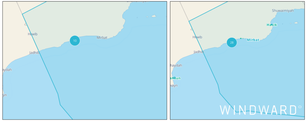 Cluster of bunkering ship-to-ship operations off the Salalah port before the launch of Operation Epic Fury (left), and after (right). Source: Windward Maritime AI™ Platform.