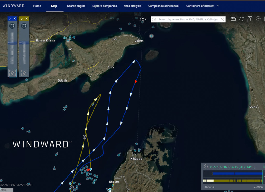 Two ultra-large container ships turning around after approaching the Strait of Hormuz. Source: Windward Maritime AI™ Platform.