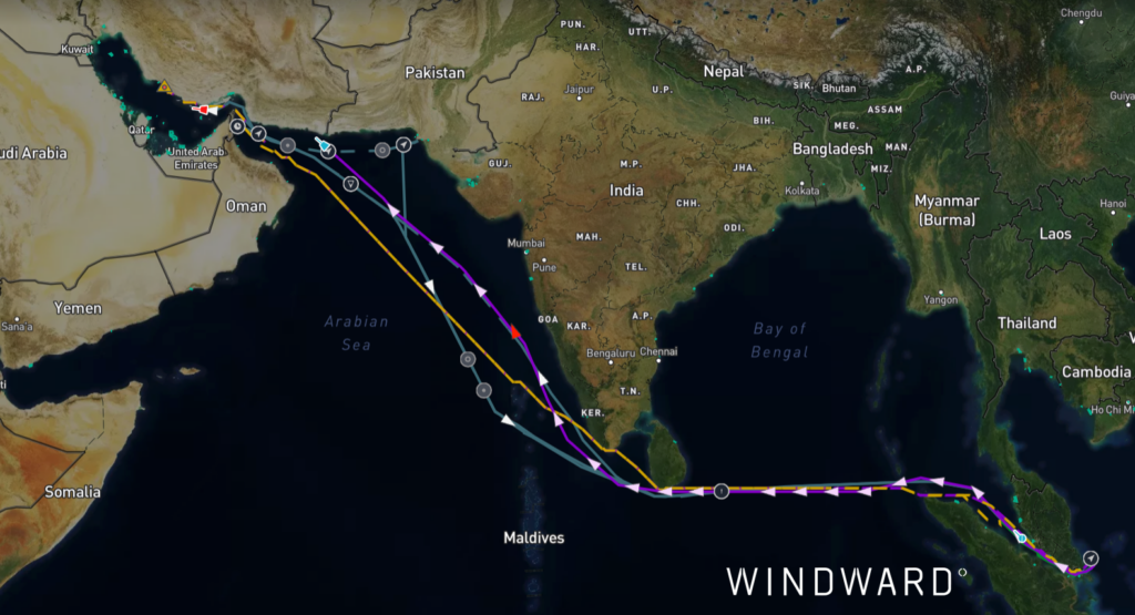 Route of the three vessels that departed Kharg Island, loaded with Iranian oil, on March 29, 2026. Source: Windward Maritime AI™ Platform.