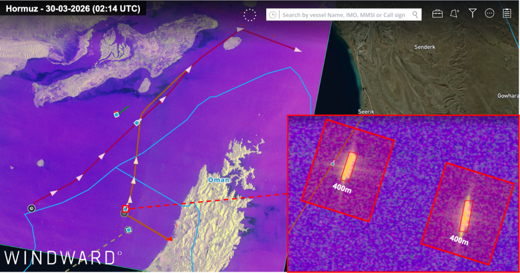 SAR imagery of the two ultra-large container vessels, March 30, 2026. Source: Windward Remote Sensing Intelligence.