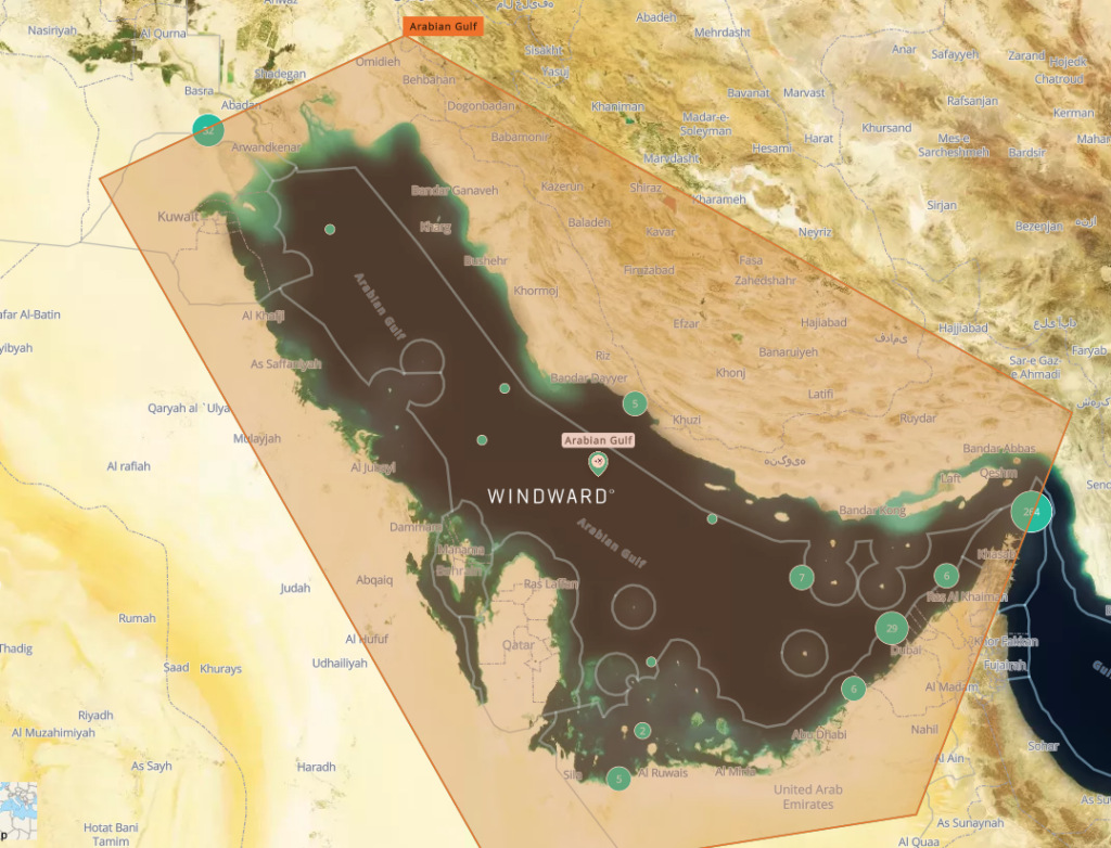 Number and areas of tankers above 16k dwt operating in the Gulf since February 28, 2026. Source: Windward Maritime AI™ Platform.