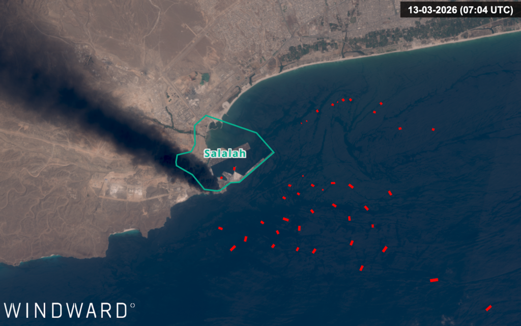Salalah, two days after the attack, with 21 vessels above 150 meters identified. Source: Windward Remote Sensing Intelligence.