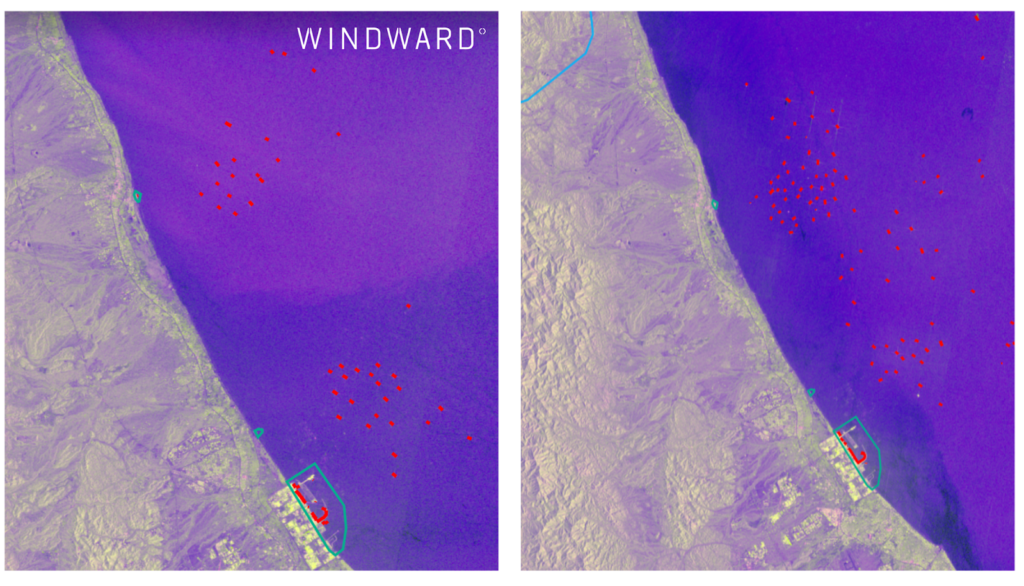 A cluster of vessels of the port of Sohar, Oman, shows nearly double the amount on March 26, 2026 (right) compared to December 2025, before the launch of Operation Epic Fury (left). Source: Windward Remote Sending Intelligence.