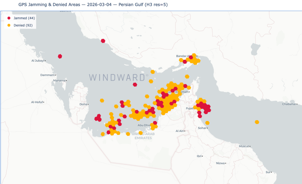 GPS jamming and denial areas in the Persian Gulf, March 4, 2026. Source: Windward Maritime AI™ Platform.