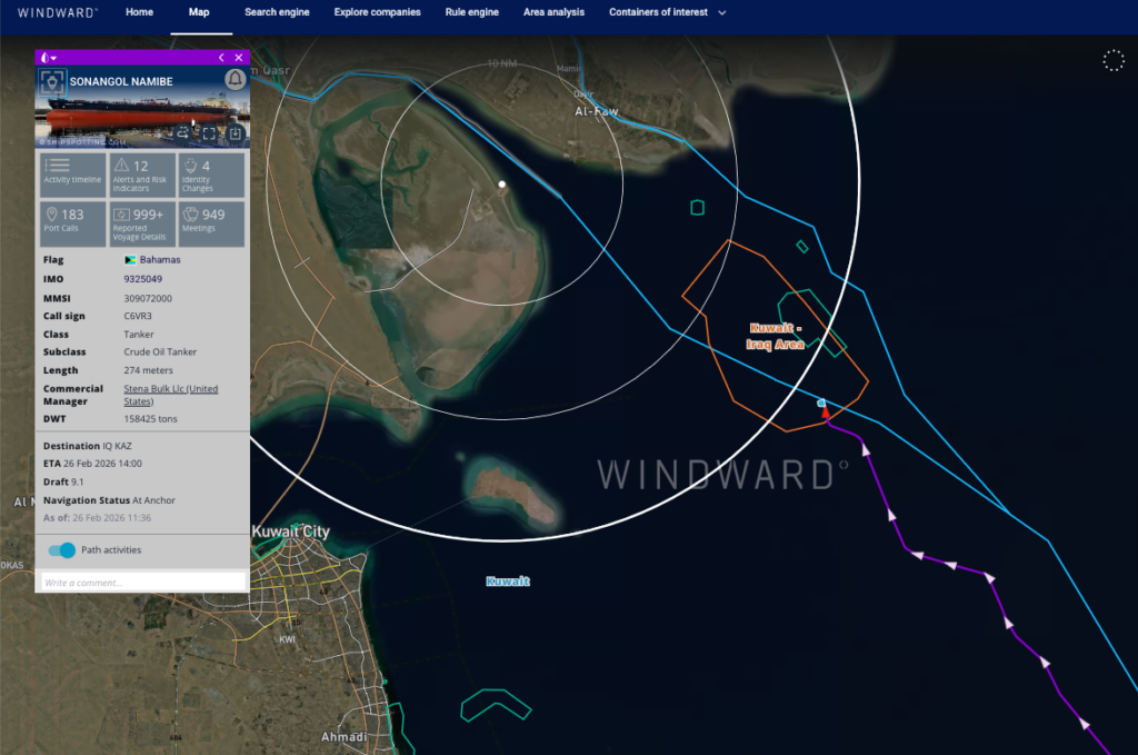 The SONANGOL NAMIBE’s vessel path, up until its attack. Source: Windward Maritime AI™ Platform.