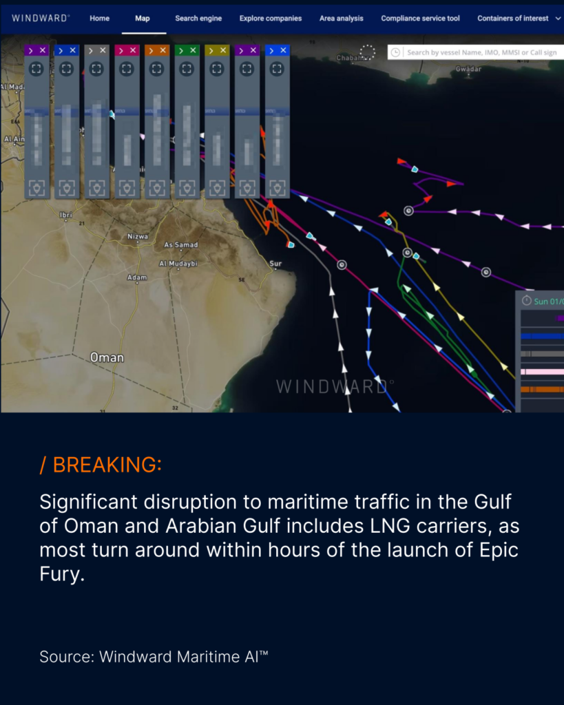 Disruption to maritime traffic in the Gulf of Oman and Arabian Gulf. Source: Windward Maritime AI™ Platform.