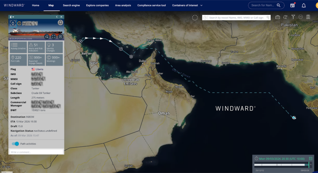 The tanker’s transit through the Strait of Hormuz. Source: Windward Maritime AI™ Platform.