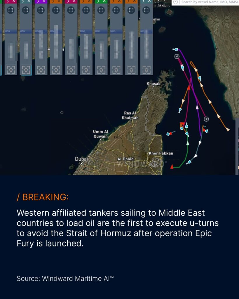 Western affiliated tankers sailing to Middle East countries to load oil are the first to execute u-turns to avoid the Strait of Hormuz after Operation Epic Fury is launched. Source: Windward Maritime AI™ Platform.