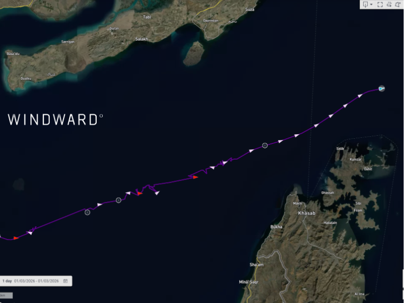 Ships' AIS signals are also interrupted intermittently as they sail off the UAE, with this EU-flagged bulk carrier reversing course shortly after transiting with a lost AIS signal and experiencing GPS interference, as evidenced by the wobbling sailing trajectory. Source: Windward Maritime AI™.