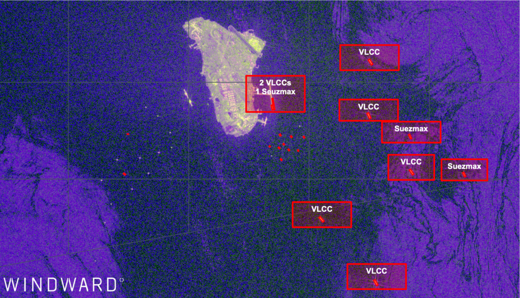 SAR imagery of the vessels surrounding Kharg Island, March 15, 2026. Source: Windward Remote Sensing Intelligence.