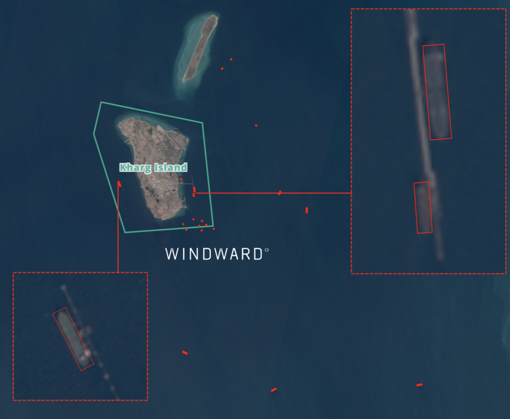 Tankers loading at Kharg, March 7, 2026. Source: Windward Maritime AI™ Platform.
