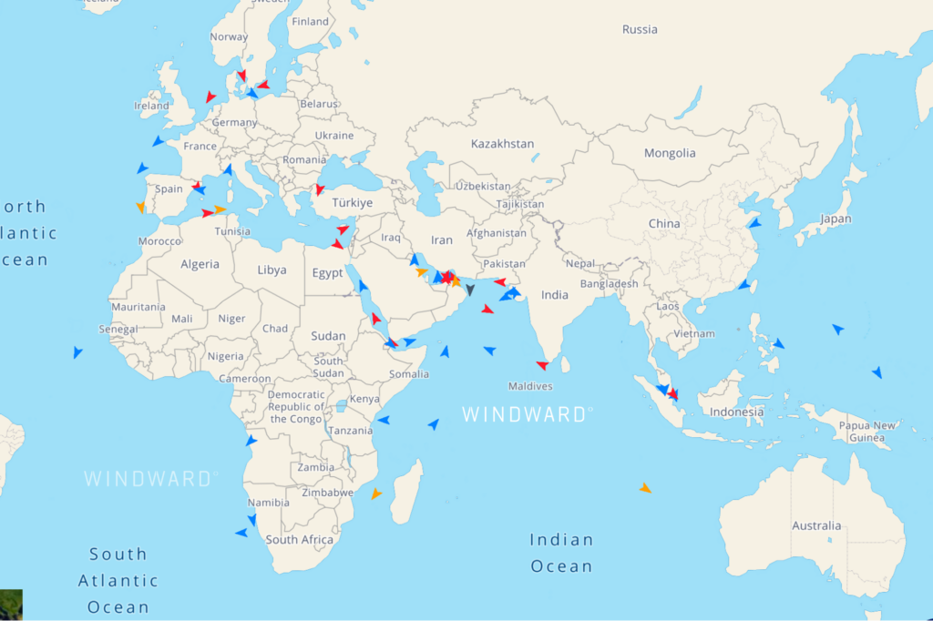 LR1 and LR2 jet fuel cargoes on the water, March 20, 2026. Source: Windward Maritime AI™ Platform.