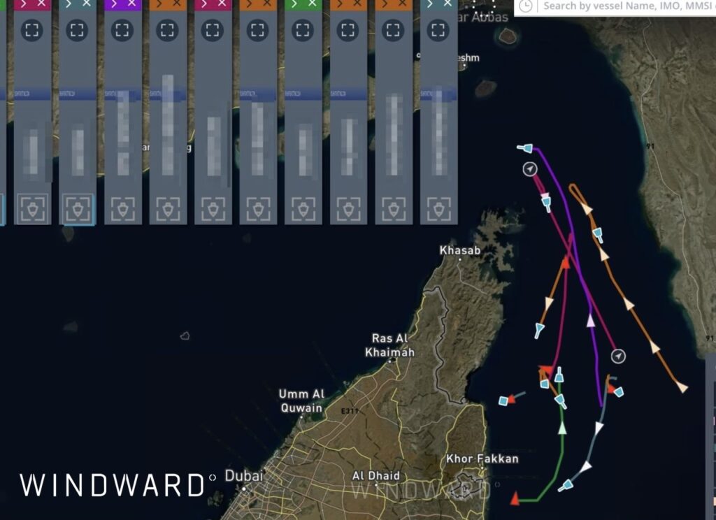Western-affiliated tankers sailing to Middle East countries execute U-turns to avoid the Strait of Hormuz after Operation Epic Fury is launched. Source: Windward Maritime AI™ Platform.