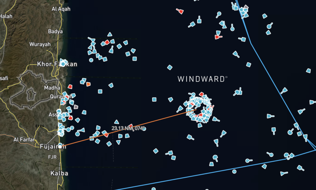 GPS jamming zone off of Fujairah. Source: Windward Maritime AI™ Platform.