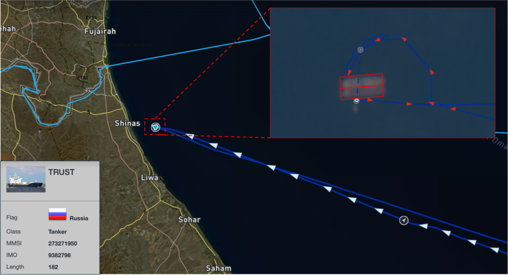 The M/V TRUST meeting a non-transmitting vessel, Mar 4, 2026. Source: Windward Maritime AI™Platform
