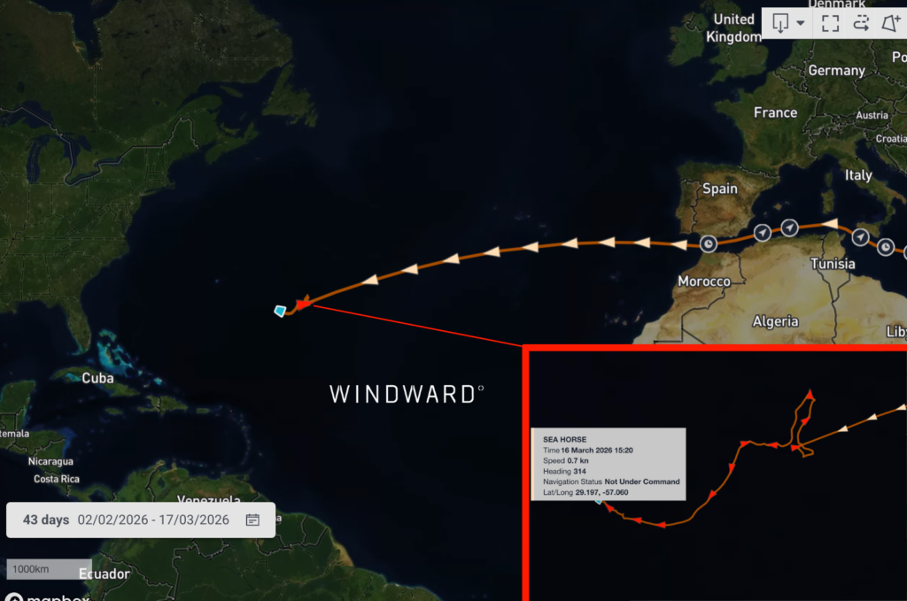 The Sea Horse's vessel path from February 2 to March 17, displaying anomalous AIS behavior on March 16, 2026. Source: Windward Maritime AI™ Platform.