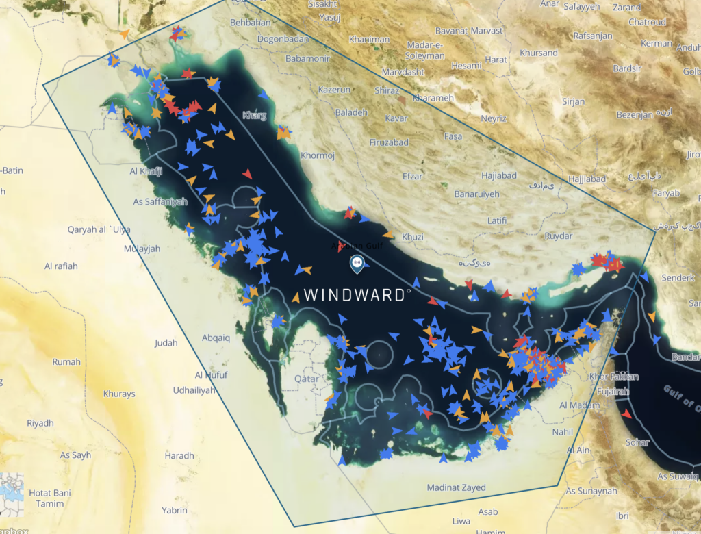 AIS transmitting vessels' recent positions in the Arabian Gulf. Source: Windward Maritime AI™ Platform.