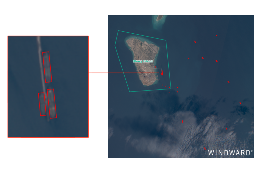 The three vessels berthed at Kharg Island’s oil terminal, March 17, 07:31 GMT. Source: Windward Remote Sensing Intelligence.