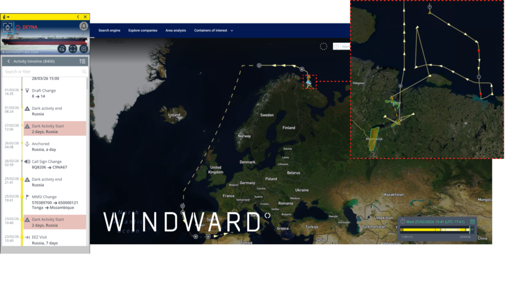 The DENYA’s voyage from Murmansk before its interdiction. Source: Windward Maritime AI™ Platform.
