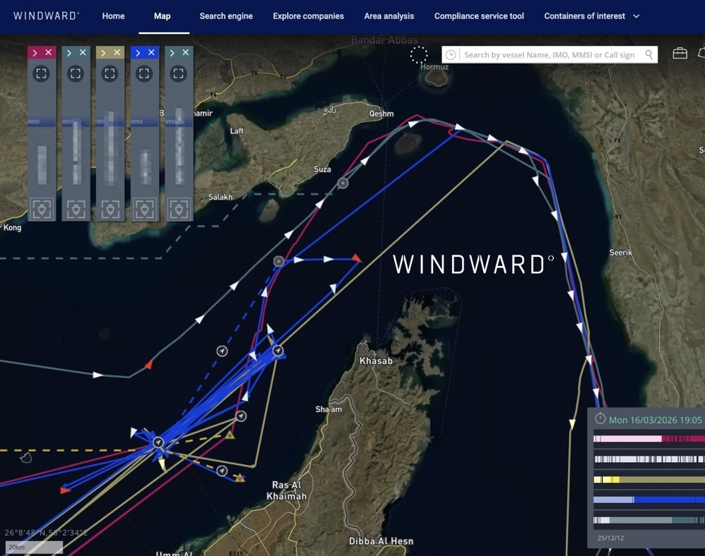 Five ships sailing along Iran’s coastline to exit the Strait of Hormuz. Source: Windward Maritime AI™ Platform.