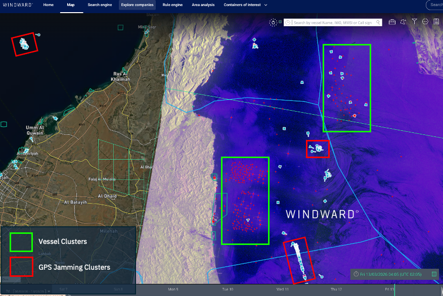 Gulf of Oman GPS jamming clusters, March 13, 2026. Source: Windward Remote Sensing Intelligence.