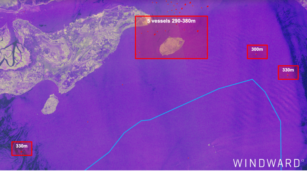 SAR imagery reveals eight large vessels operating within the Strait of Hormuz on March 16, 2026. Source: Windward Remote Sensing Intelligence.