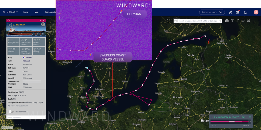 The HUI YUAN’s journey ahead of its interception. In the SAR image, taken April 12, at 05:16 UTC, the HUI YUAN is seen with the Swedish Coast Guard vessel, KBV 499, which intercepted it, positioned near the vessel. Source: Windward Maritime AI™ Platform.