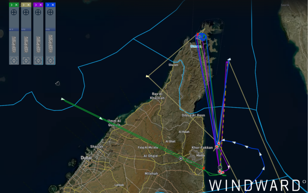 GPS jamming patterns near Khor Fakkan. Source: Windward Maritime AI™ Platform.