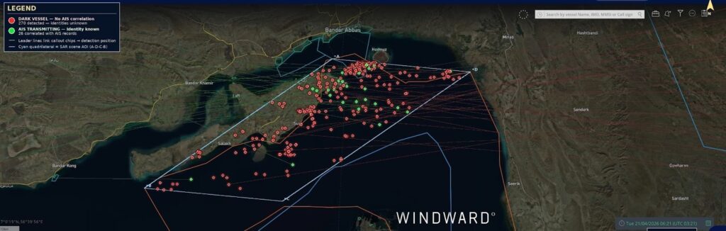 AIS-transmitting (green) and AIS-dark (red) vessels in the Bandar Abbas / Shahid Rajai area, April 21, 2026, 03:21 UTC. Source: Windward Remote Sensing Intelligence.