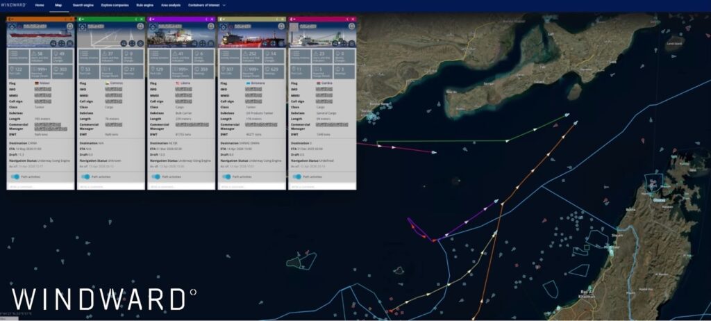 Vessels possibly preparing to cross the Strait of Hormuz (outbound), April 13, 2026, 13:00 UTC. Source: Windward Maritime AI™ Platform.