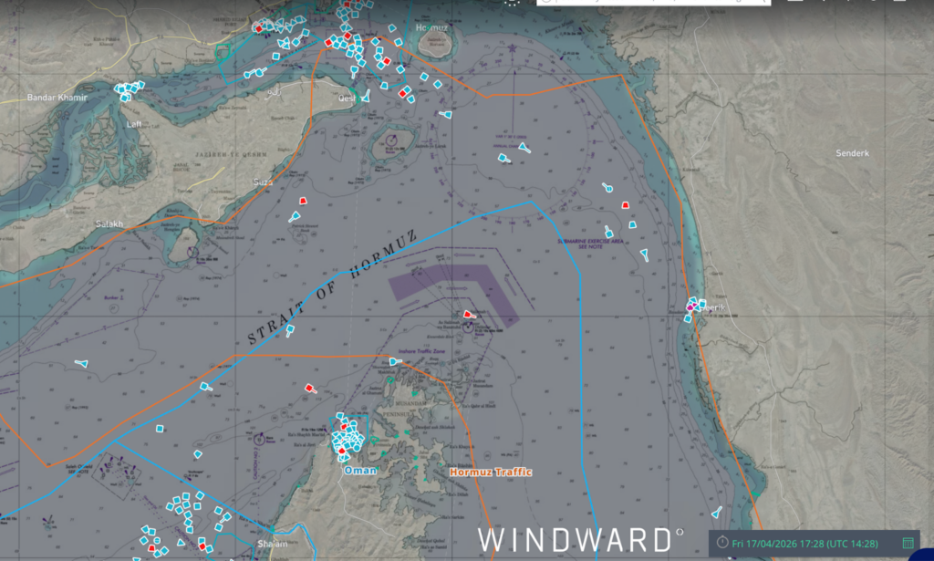 As of April 17, 17:28 UTC, the mid-Strait of Hormuz is empty. Source: Windward Maritime AI™ Platform.