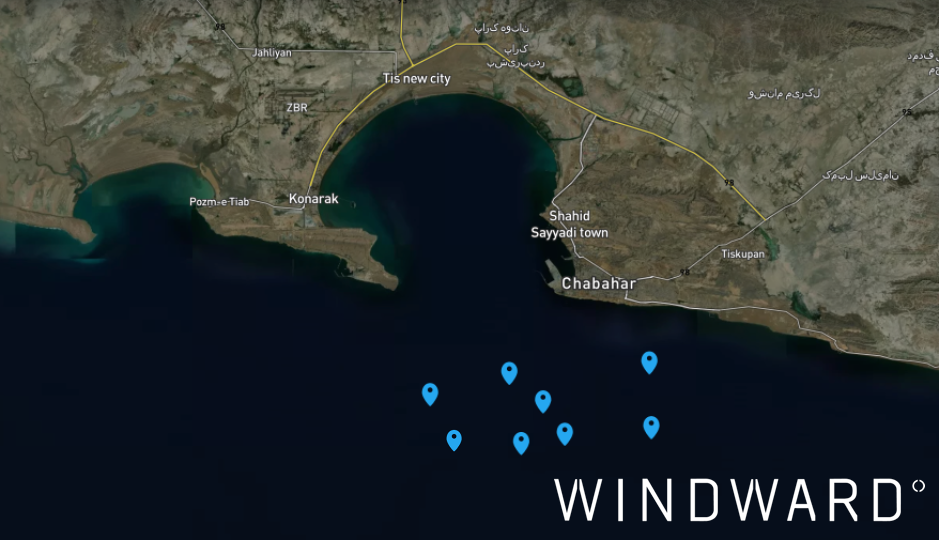 The six VLCCs and two Suezmax vessels positions near Chabahar on April 23, 2026. Source: Windward Maritime AI™ Platform.