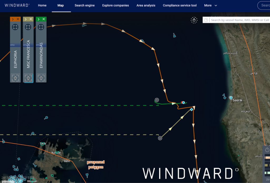 The three attacked vessels’ paths as they attempt to cross the Strait of Hormuz, April 22, 2026, 06:08 UTC. Source: Windward Maritime AI™ Platform.