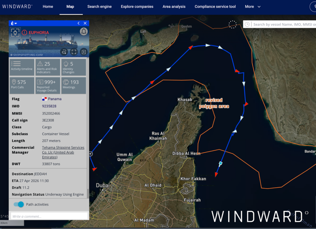 EUPHORIA’s path through the Strait of Hormuz, April 22, 2026. Source: Windward Maritime AI™ Platform.