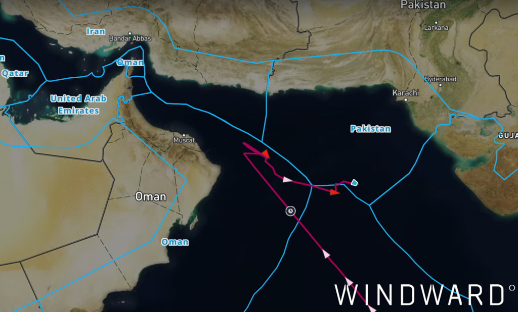 AMAK’s current position in Pakistan’s EEZ. Source: Windward Maritime AI™ Platform.