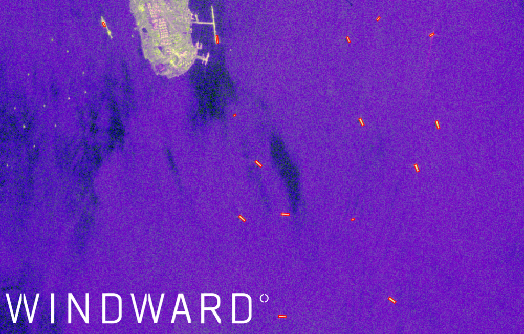 SAR imagery showing additional vessels anchored south and east of Kharg Island, indicating a waiting queue. Source: Windward Remote Sensing Intelligence.