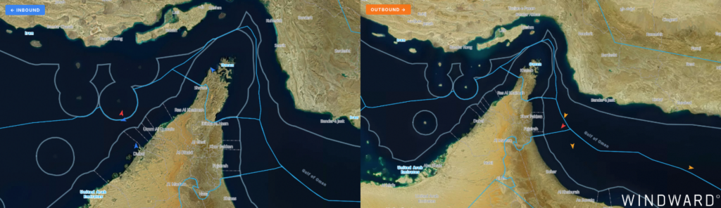 Inbound and outbound crossings of the Strait of Hormuz, April 26, 2026. Source: Windward Maritime AI™ Platform.