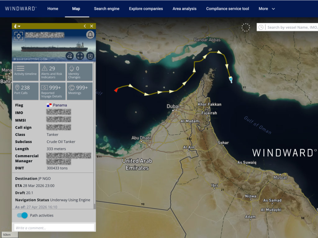 The LNG carrier's path through the Strait of Hormuz, April 29, 2026. Source: Windward Maritime AI™ Platform.